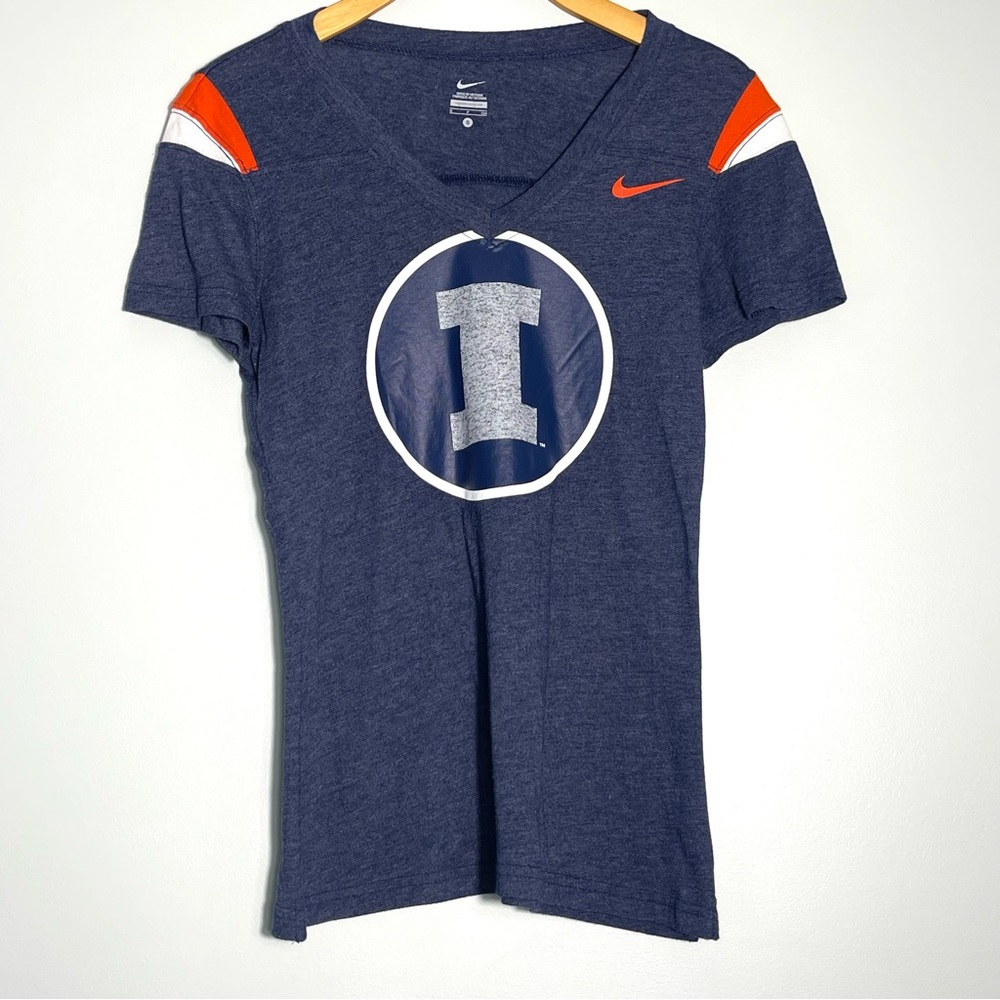 NIKE Womens University of Illinois Illini #1 Navy Blue V-Neck T-Shirt Size Small
